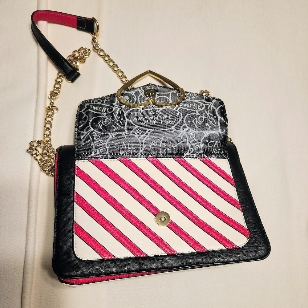 ❗️SOLD❗Betsey Johnson | Diagonal Stripe Front Pocket Foldover Flap Crossbody Bag - Picture 7 of 12